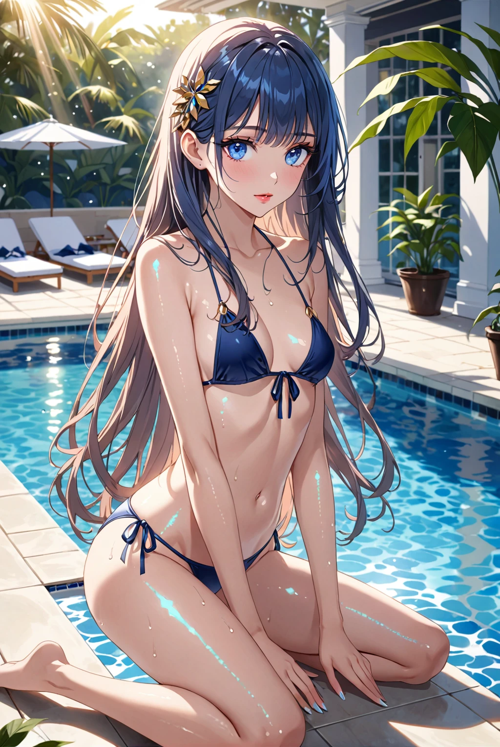 masterpiece、Highest quality、High resolution、Official artwork、back track rich,Long Hair、Blue eyes、Glowing Skin、Light background、Topic Emphasis、Soft and natural lighting、Creating a dreamy and magical atmosphere。Daytime poolside、hair ornaments、鬠红、Closed lip makeup、lipstick、(Heavy makeup)、((Beautiful breasts、Small breasts))、High Leg、Wear a tie-side bikini、Kneeling、