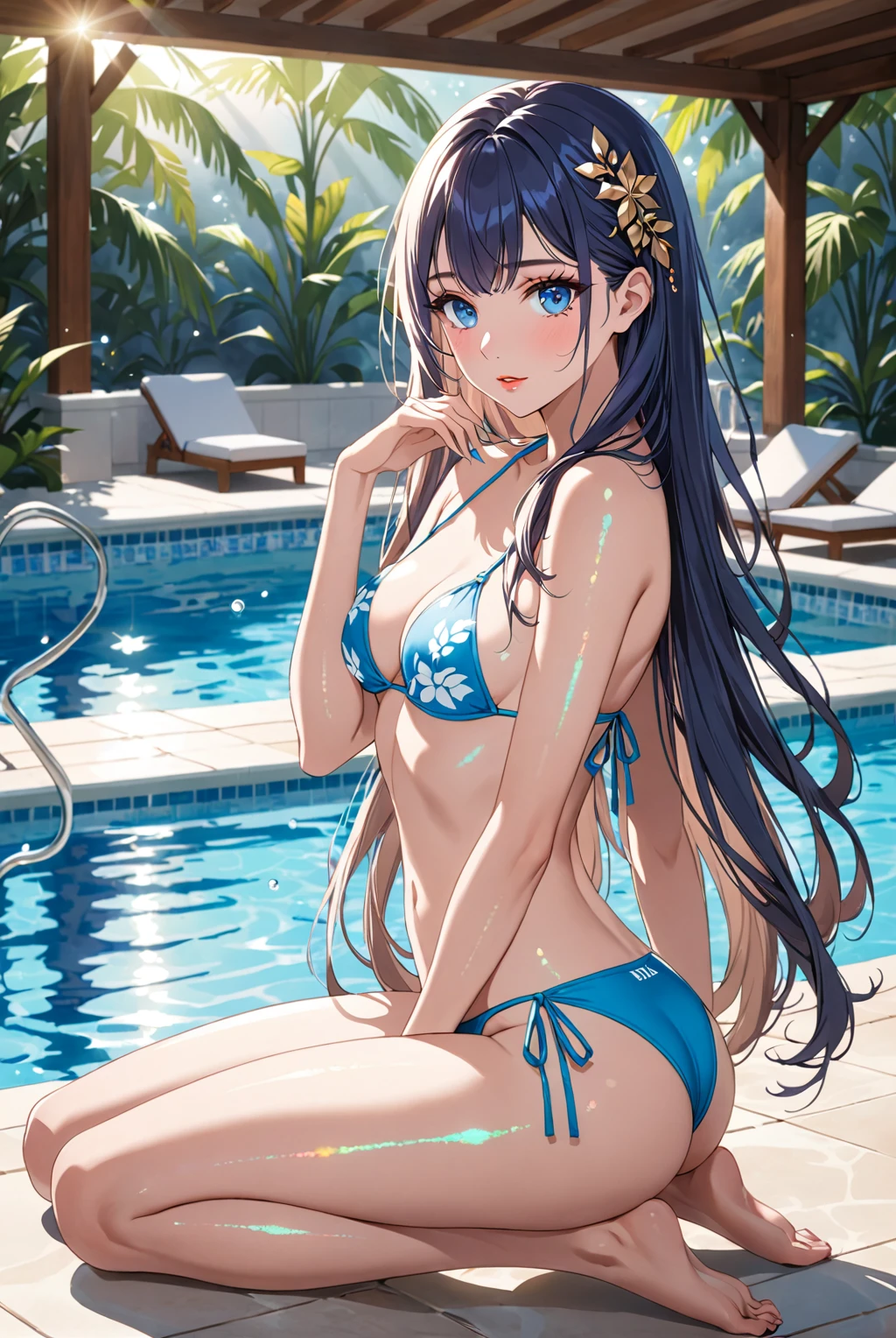 masterpiece、Highest quality、High resolution、Official artwork、back track rich,Long Hair、Blue eyes、Glowing Skin、Light background、Topic Emphasis、Soft and natural lighting、Creating a dreamy and magical atmosphere。Daytime poolside、hair ornaments、鬠红、Closed lip makeup、lipstick、(Heavy makeup)、((Beautiful breasts、Small breasts))、High Leg、Wear a tie-side bikini、Kneeling、
