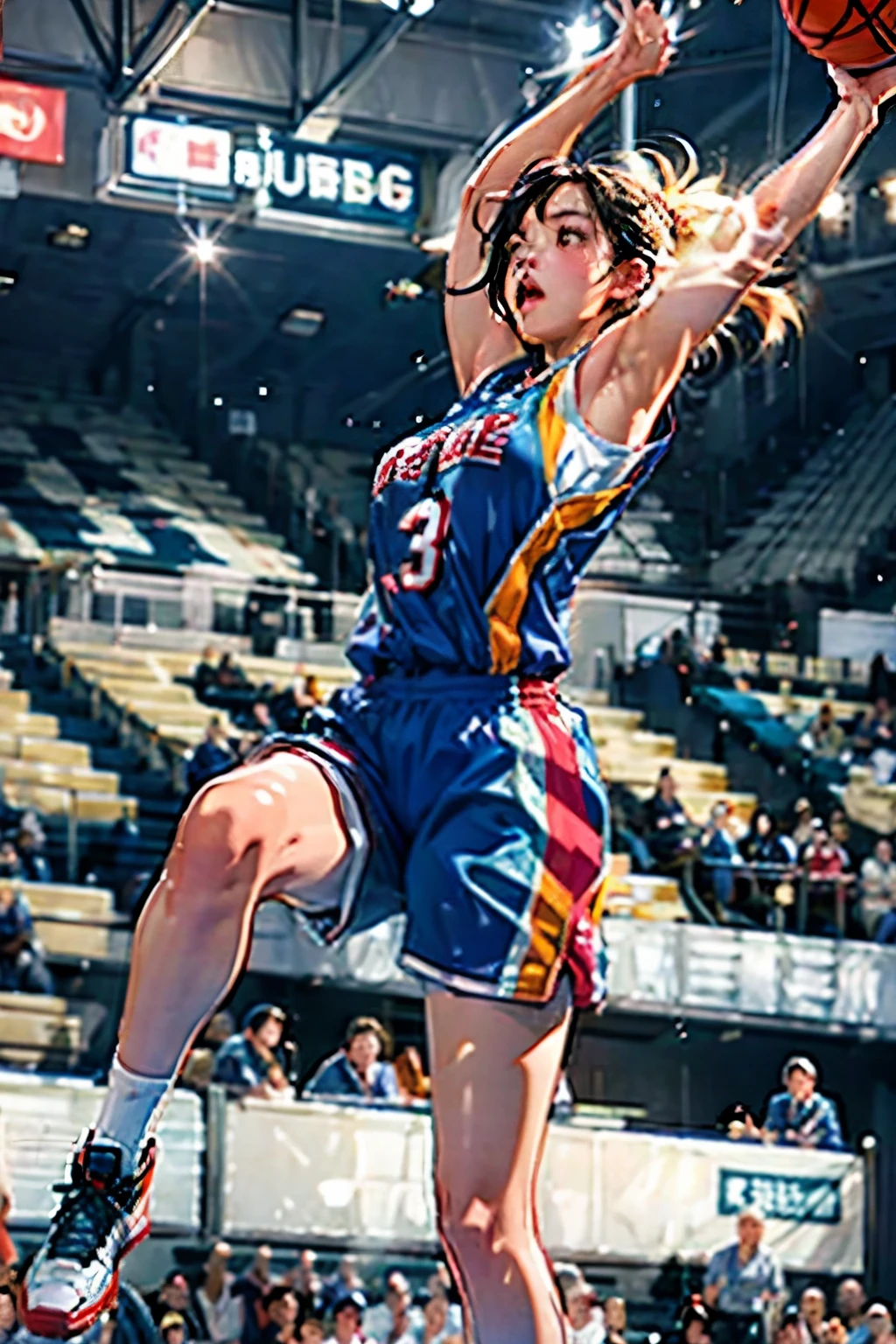 ((Female Basketball Player))、Young and beautiful girl、美しい顔のdetailedな描写、alone、(scence of slam dunk:1.4)、(Dunk Shot:1.4)、(Jumping Chute:1.4)、(Goal Post)、Close-up、Motion Blur、Dynamic Angle、stadium lighting、Blur the background、8Kdetailed、(detailed、masterpiece、Highest quality)、