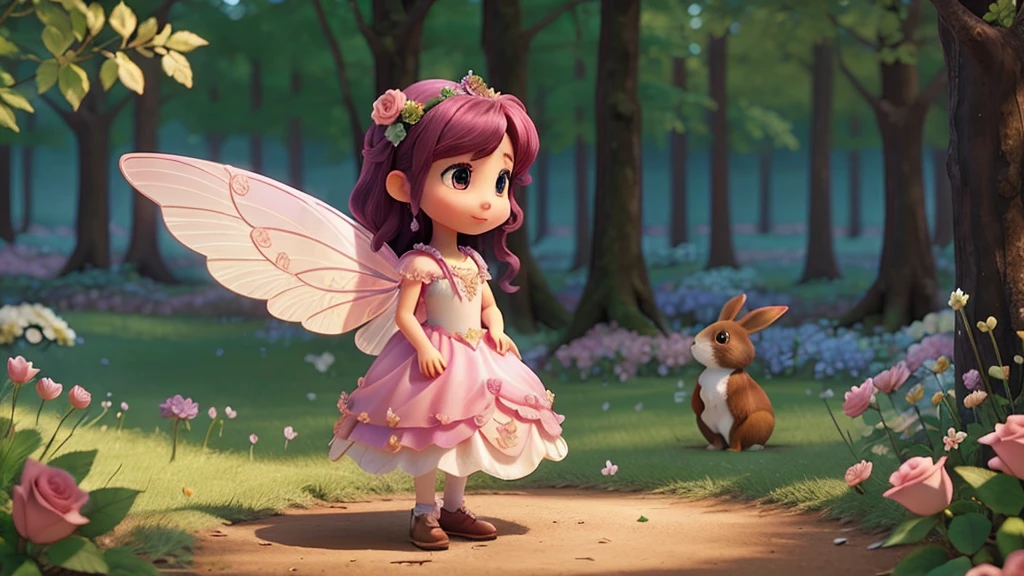 Create a beautiful fairy with shiny wings and a beautiful rose dress in a forest of flowers with several sad rabbits now I make them find the rabbit's family