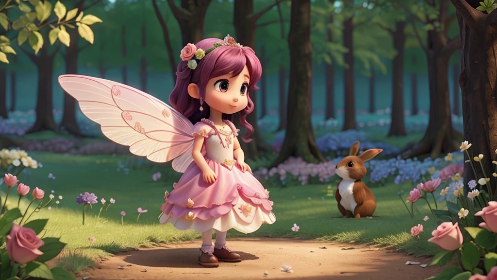 Create a beautiful fairy with shiny wings and a beautiful rose dress in a forest of flowers with several sad rabbits now I make them find the rabbit&#39;s family