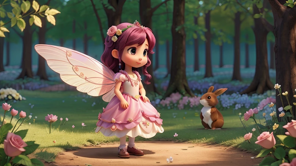 Create a beautiful fairy with shiny wings and a beautiful rose dress in a forest of flowers with several sad rabbits now I make them find the rabbit&#39;s family