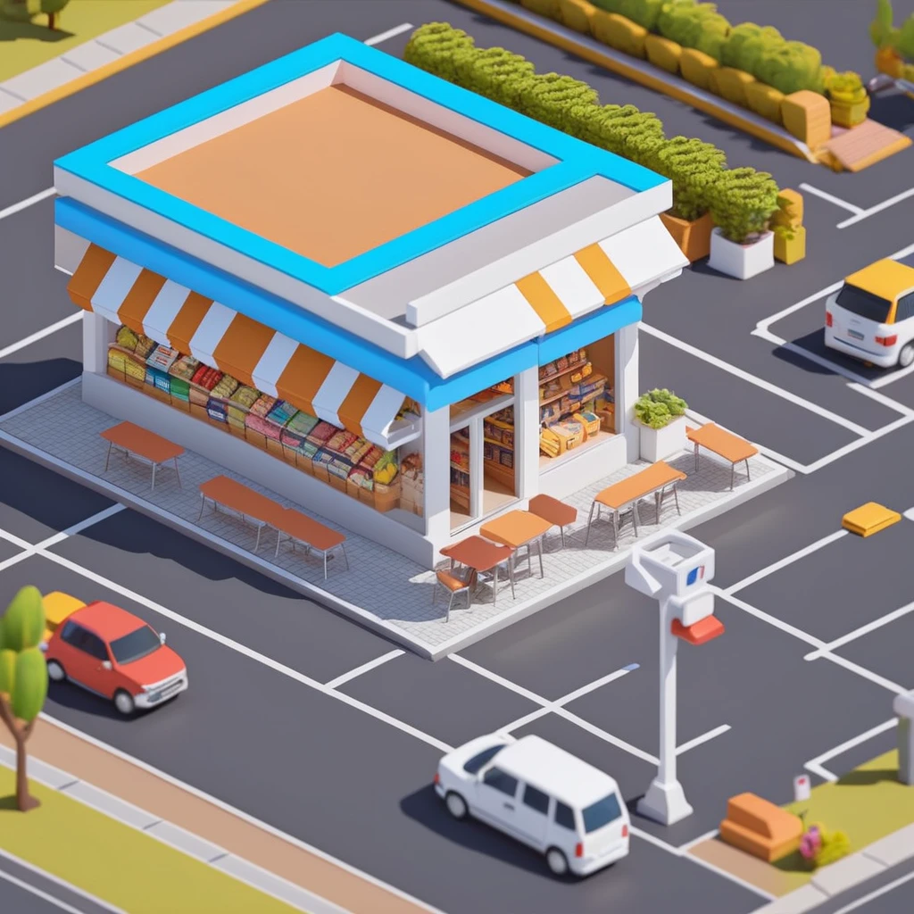 supermarket，cafes，bookshops，Outdoor dining tables and chairs，crossroads，car，PARKING LOT，Isometric Art, 3D Isometric, Isometric pixel art，Simple background，Xiaofangzi,