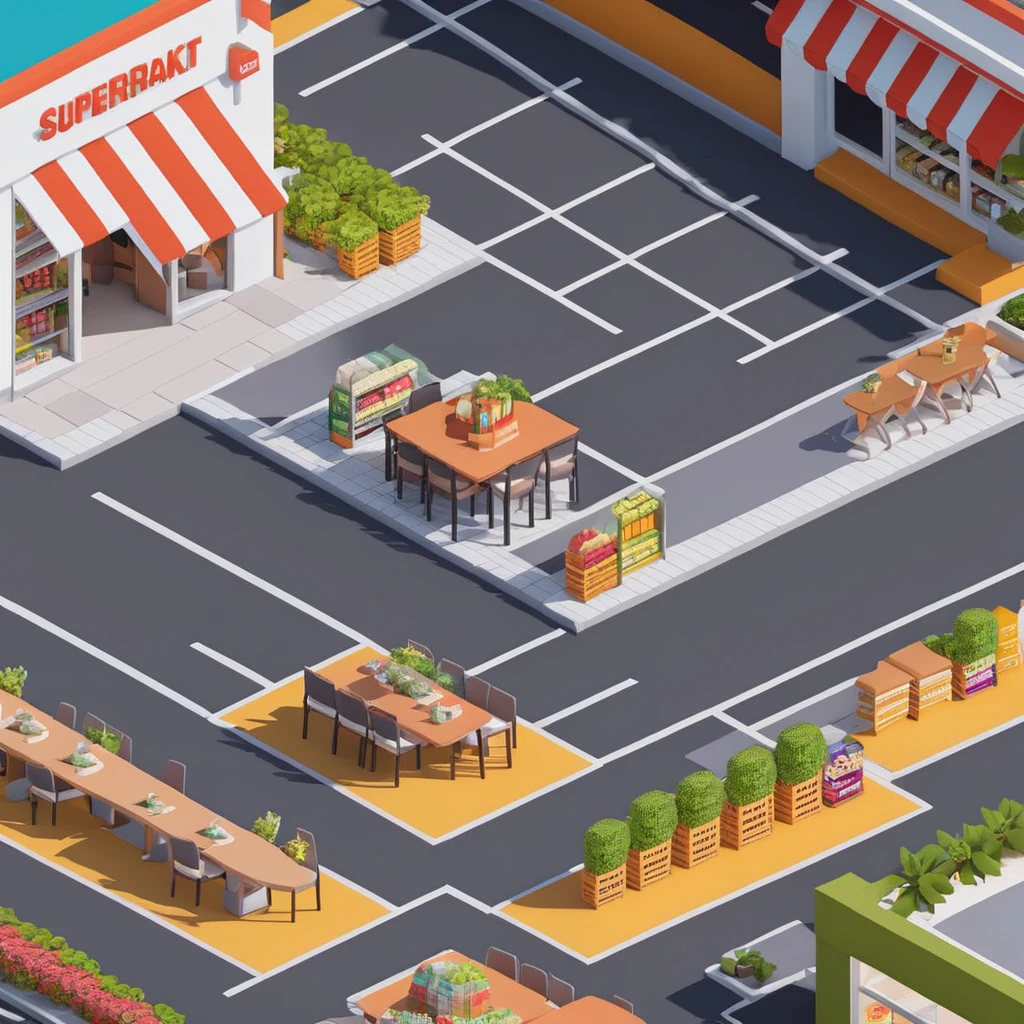 supermarket，cafes，bookshops，Outdoor dining tables and chairs，crossroads，car，PARKING LOT，Isometric Art, 3D Isometric, Isometric pixel art，Simple background，Xiaofangzi,