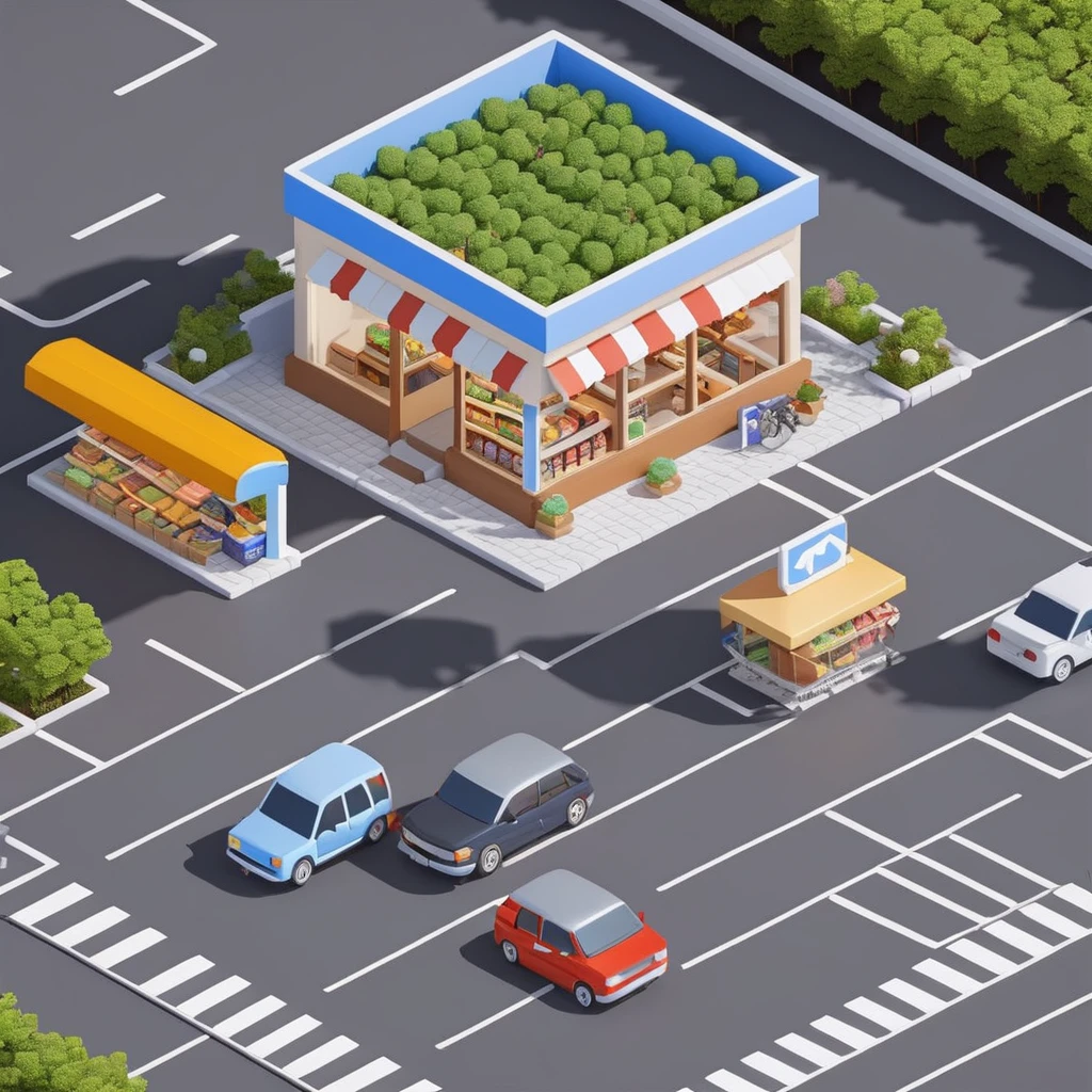 supermarket，cafes，bookshops，Outdoor dining tables and chairs，crossroads，car，PARKING LOT，Isometric Art, 3D Isometric, Isometric pixel art，Simple background，Xiaofangzi,