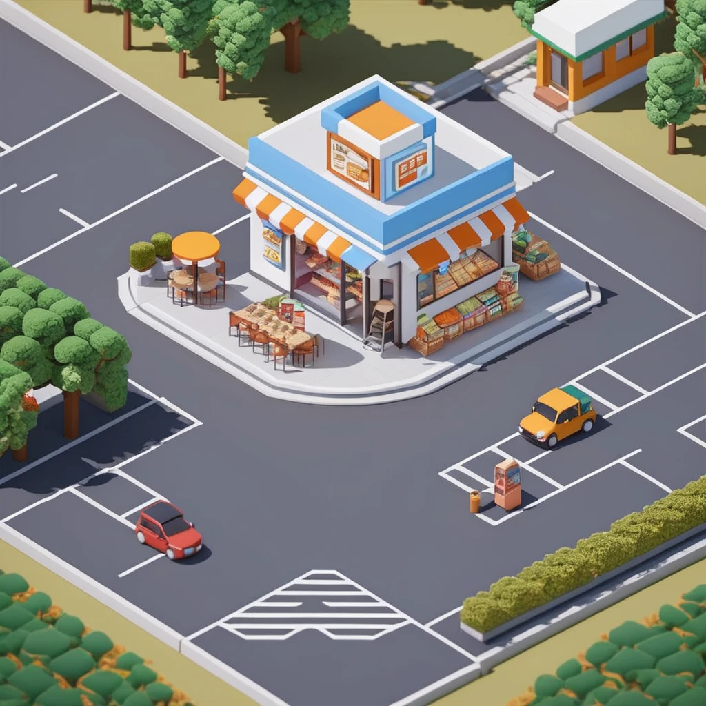 supermarket，cafes，bookshops，Outdoor dining tables and chairs，crossroads，car，PARKING LOT，Isometric Art, 3D Isometric, Isometric pixel art，Simple background，Xiaofangzi,