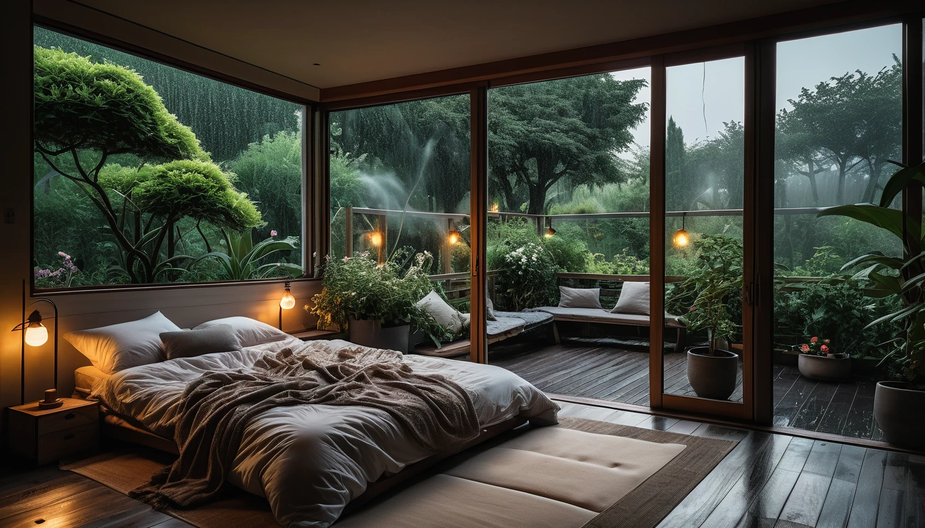 The picture shows a cozy bedroom with large windows offering views of the beautiful, dimly lit garden AND FLOWER-soaked gardens. CINEMATIC, JAPANESE HOUSE, the shape of a Japanese house, and lots of flower gardens in the garden. The bed was unmade with crumpled sheets, indicating only sleep in peace. looks dim, gloomy. Beside the bed there is a small table with a classic lamp burning which radiates warm light into the room. Outside the window, lush green plants can be seen on the terrace or balcony area, rain is falling, the lamp on the left provides warm lighting, creating a calm and peaceful atmosphere. with mist partially obscuring the landscape in the distance. The contrast between the warmth indoors and the rain outdoors creates an inviting and calming atmosphere