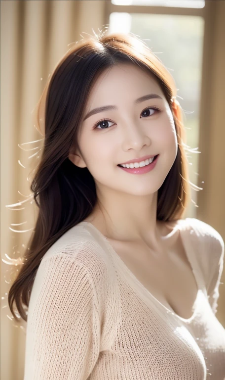 mature woman、Upper body、long knit sweater、big breasts、(8K、RAW photo、Photoreal:1.3)、47歳mature woman,My face is delicate,happy and attractive,the clothes follow her,dynamic angle、Light Tracing, (Realistic:1.4),official art,unity 8k wallpaper,super detailed,beautiful and beautiful,best quality person,glowing skin,light smile、Hide your fingertips