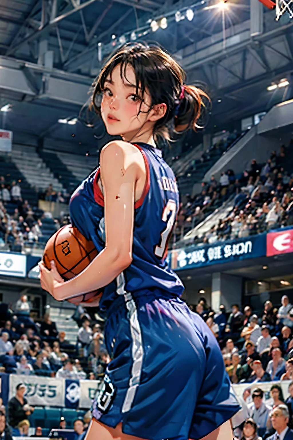 ((Female Basketball Player))、Young and beautiful girl、美しい顔のdetailedな描写、alone、(scence of slam dunk:1.4)、(Dunk Shot:1.4)、(Jumping Chute:1.4)、(Goal Post)、Close-up、Motion Blur、Dynamic Angle、stadium lighting、Blur the background、8Kdetailed、(detailed、masterpiece、Highest quality)、