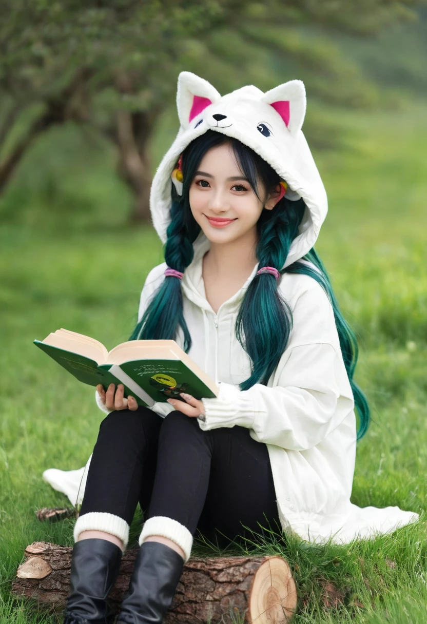 masterpiece, best quality,, 1girl, sitting, animal, animal ears, bird, black_hair, book, bookmark, branch, gloves, grass, green hair, holding, holding book, hood, hood down, leaf, looking at viewer, multicolored hair, open_book, partially fingerless gloves, pen, plant, pouch, quill, reading, sitting, smile, solo, tail, tree, tree stump,, sky, sun, mountain, forest, lake
