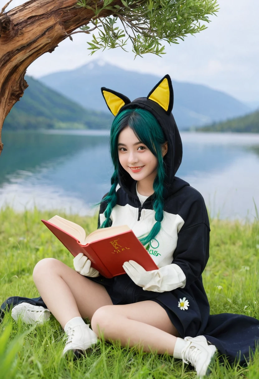 masterpiece, best quality,, 1girl, sitting, animal, animal ears, bird, black_hair, book, bookmark, branch, gloves, grass, green hair, holding, holding book, hood, hood down, leaf, looking at viewer, multicolored hair, open_book, partially fingerless gloves, pen, plant, pouch, quill, reading, sitting, smile, solo, tail, tree, tree stump,, sky, sun, mountain, forest, lake