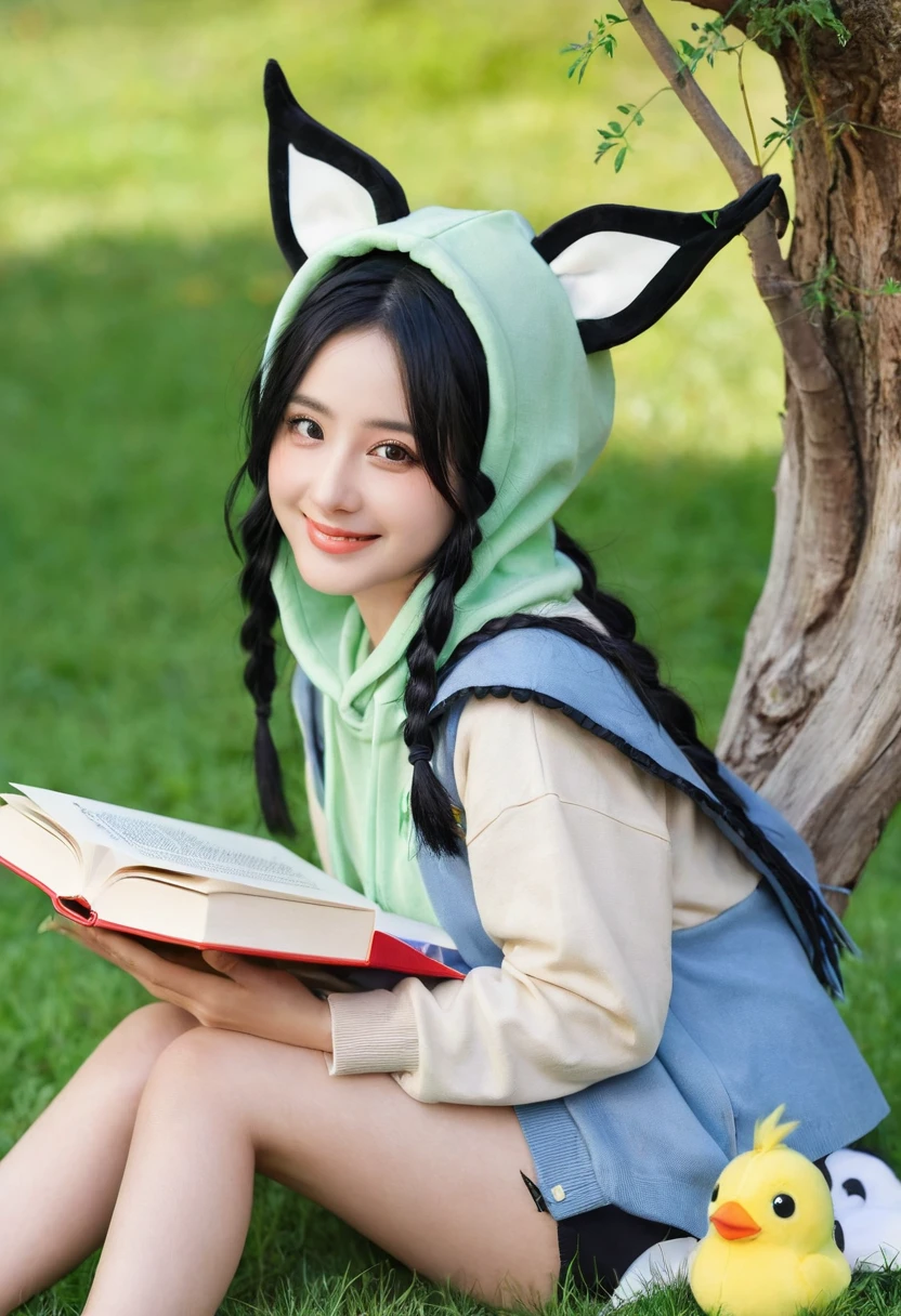 masterpiece, best quality,, 1girl, sitting, animal, animal ears, bird, black_hair, book, bookmark, branch, gloves, grass, green hair, holding, holding book, hood, hood down, leaf, looking at viewer, multicolored hair, open_book, partially fingerless gloves, pen, plant, pouch, quill, reading, sitting, smile, solo, tail, tree, tree stump,, sky, sun, mountain, forest, lake
