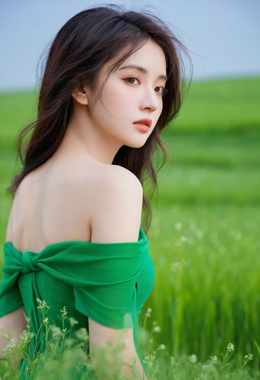 (melancholy:1.5), infinite green [green field:1.3], natural landscape:1.2], strong longing, youthful love, tenderness in every look, sad countenance, beautiful and upright union.