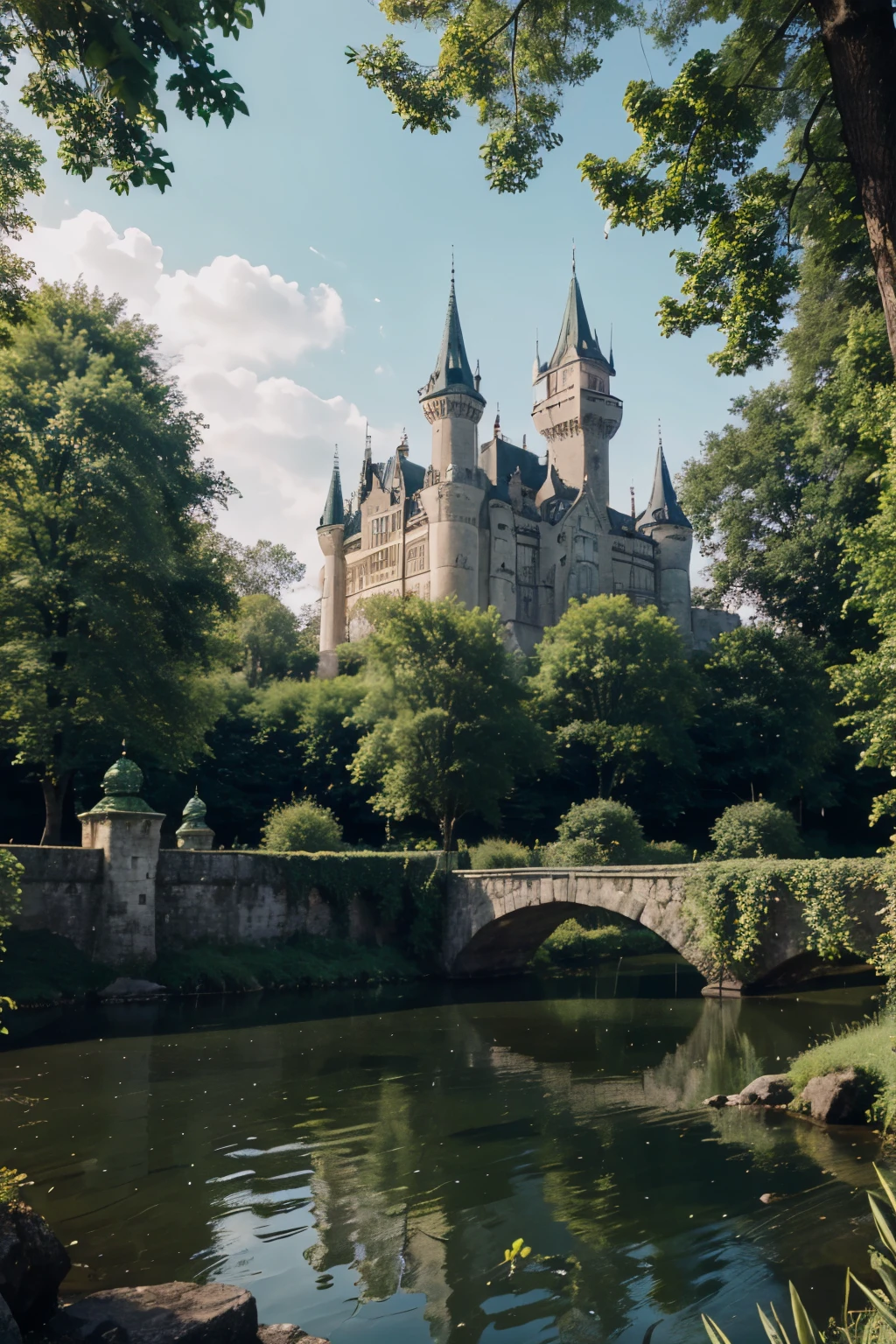 A big castle with the touch of nature, color green. In the middle of the forest