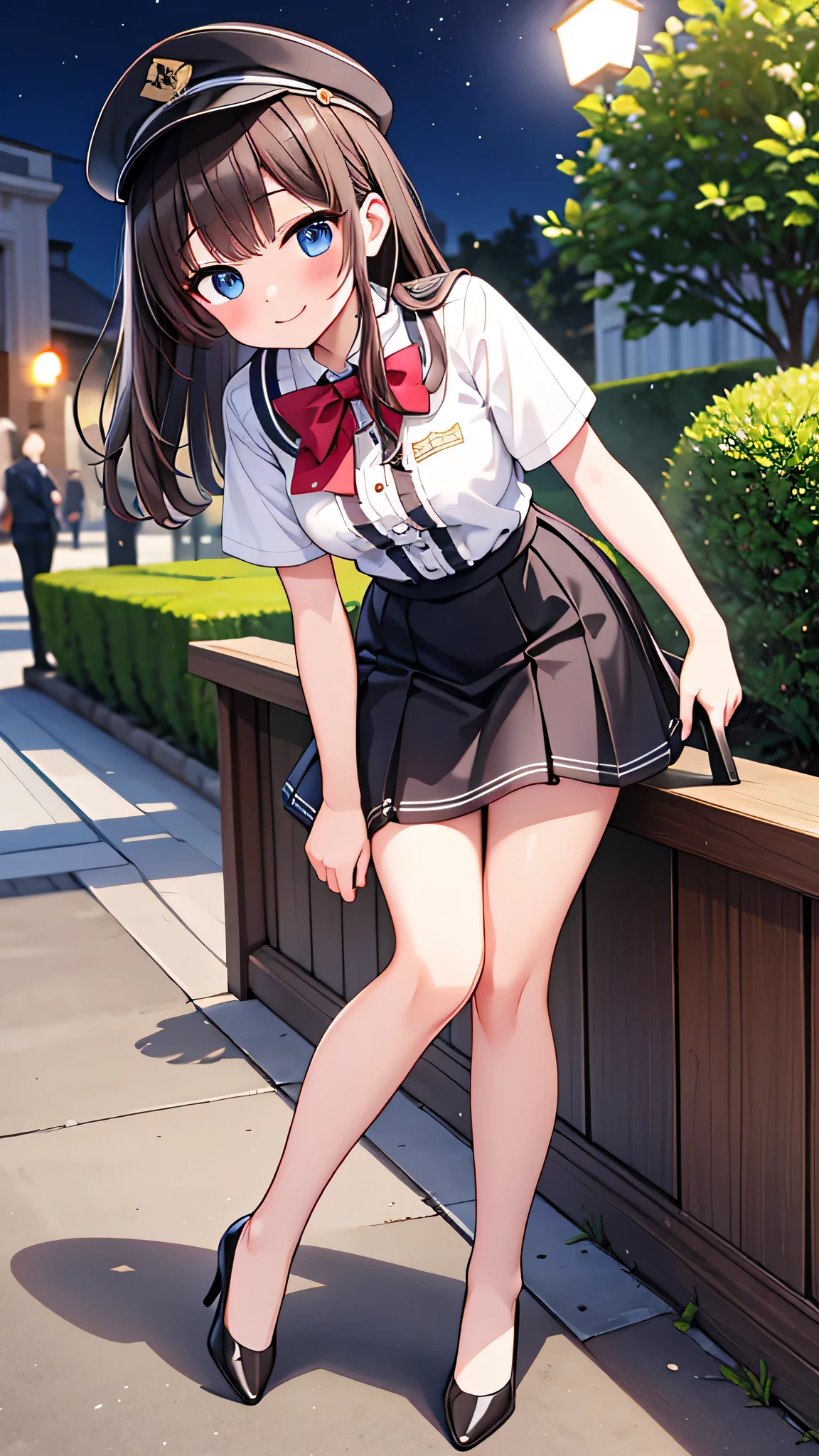 {Highest quality}, {Super beautiful},{Ultra fine},{Best illustration},Brown Hair,Hime cut,semi-long,Bangs,Standing Woman,Uniform cap,White Shirt,Short sleeve,Long black skirt,Night Park,Embarrassed,smilingly,Blushing,Slender women, A woman wearing plain black pumps,Bare feet and pumps,From an angle,From above,pose