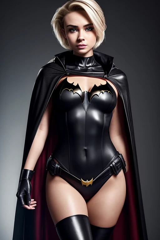 Gorgeous european woman with very short pixie hairstyle, wet hair, hair slicked back, combed straight back, slick hair, streaked blonde hair, seductive pose, sabrina carpenter, dressed in a revealing batgirl superhero costume, cape, bat ears, cleavage, solid dark grey background