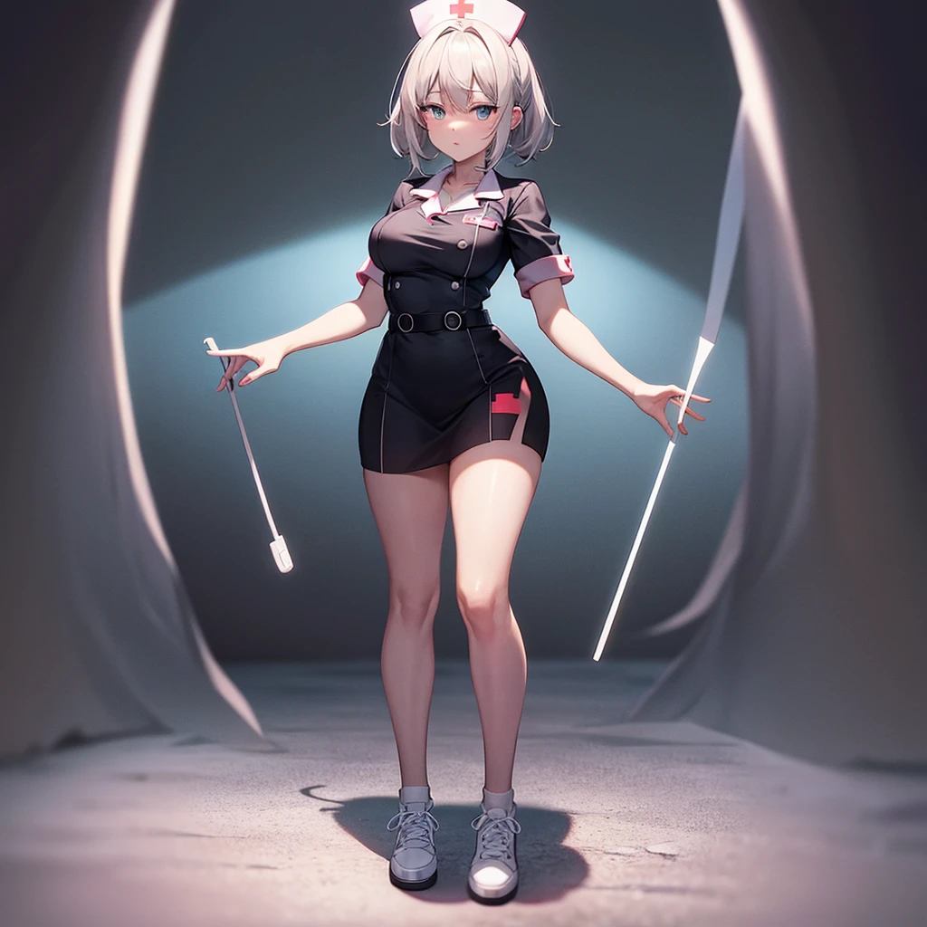 ((nurse)),((White shoes)),Top quality,(Dark Room), Subtle light, Natural light,Soft lighting,Light from directly behind,(Are standing),Front view,Black background