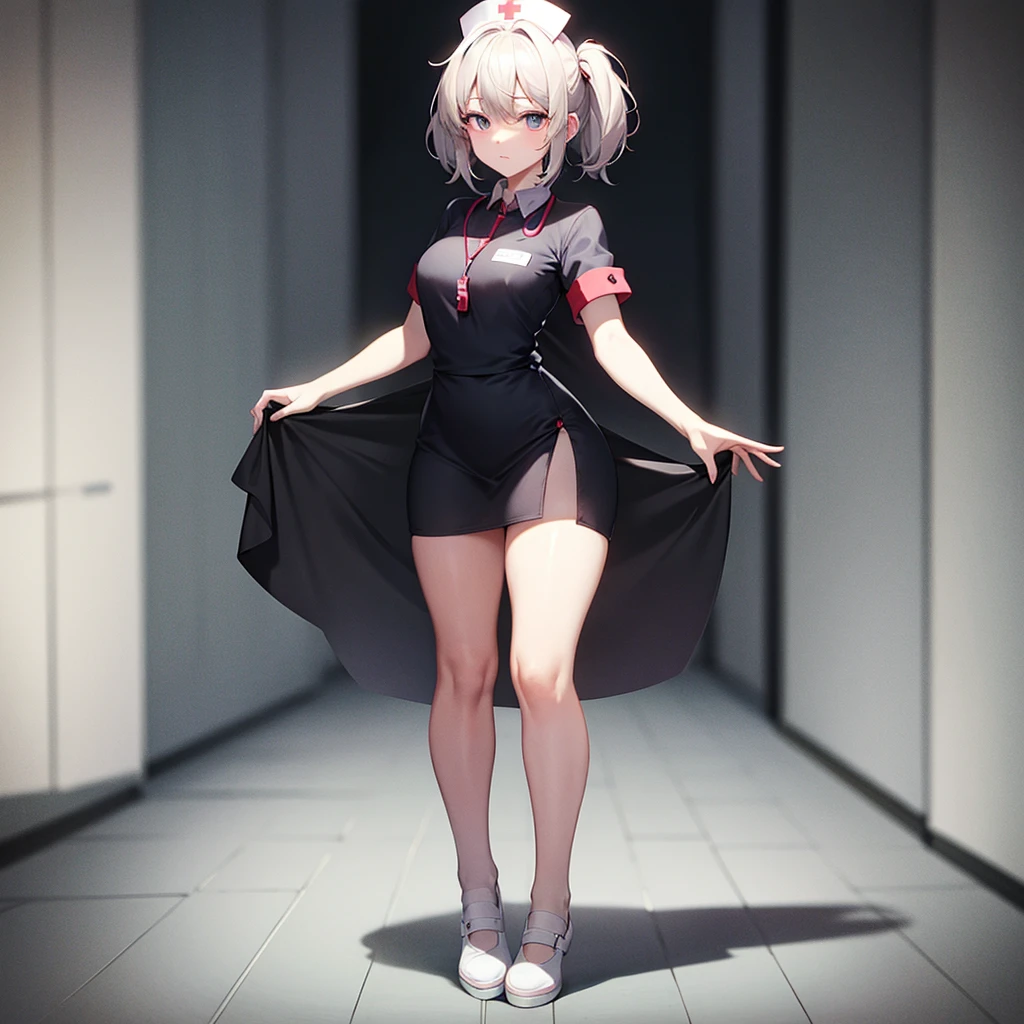 ((nurse)),((White shoes)),Top quality,(Dark Room), Subtle light, Natural light,Soft lighting,Light from directly behind,(Are standing),Front view,Black background