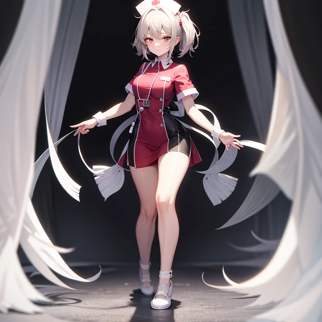 ((nurse)),((White shoes)),Top quality,(Dark Room), Subtle light, Natural light,Soft lighting,Light from directly behind,(Are standing),Front view,Black background