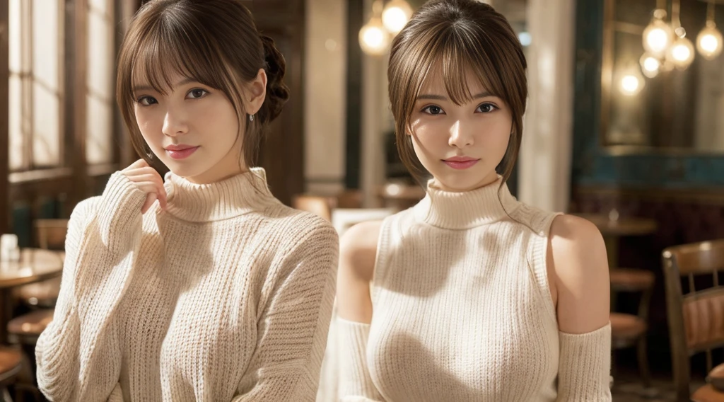 (masterpiece:1.5)、(Realistic:1.5)、(Highest quality:1.4、8k、RAW Photos)、 Ultra-high resolution、Professional Lighting、Perfect dynamic composition、Photo shoot at an antique and stylish cafe、 Film Grain、chromatic aberration、(Bokeh:1.1)、 Frank、Sophisticated、charm、超Realistic、Attention to detail、Golden Ratio、Anatomically correct、 (1 girl)、Slender girl、繊細でcharm女の子、Cute Woman:1.4、 Serious expression、Looking at the audience、Light brown hair、Shiny Hair、Hairstyle: Ponytail、 Realistic looking skin、 Shut your mouth.、Beautiful Eyes、double eyelid、Thin arms、(White high neck ribbed sweater)、Big pushing up clothes。Big Breasts