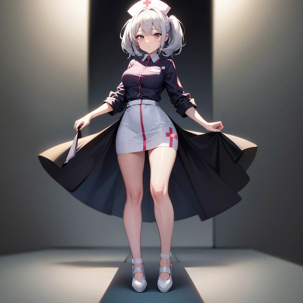 ((nurse)),((White shoes)),Top quality,(Dark Room), Subtle light, Natural light,Soft lighting,Light from directly behind,(Are standing),Front view,Black background