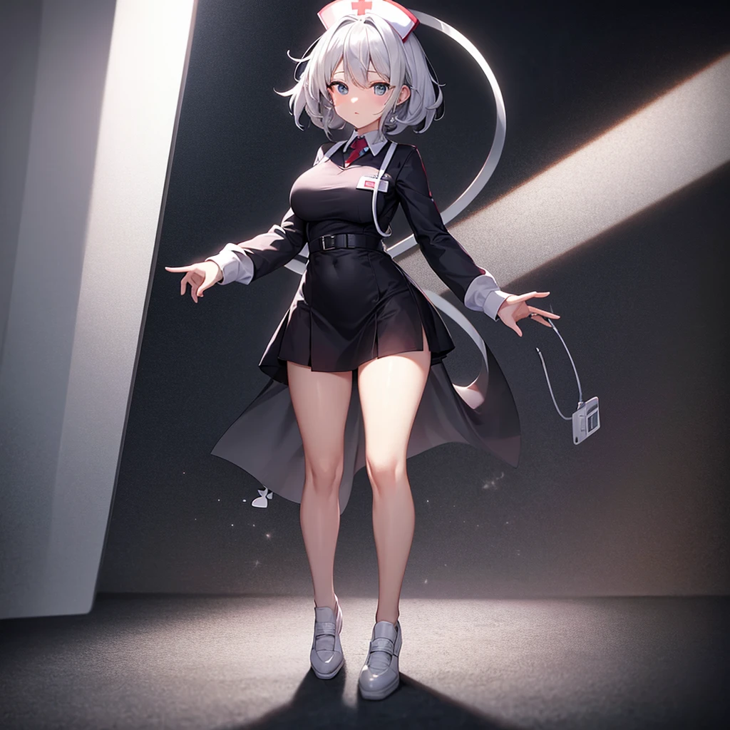 ((nurse)),((White shoes)),Top quality,(Dark Room), Subtle light, Natural light,Soft lighting,Light from directly behind,(Are standing),Front view,Black background
