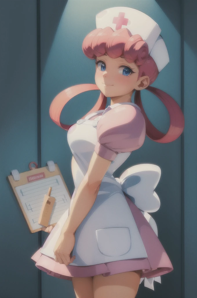 (masterpiece, best quality:1.2), nurse joy, pokemon, blue eyes, closed mouth, long hair, pink hair, short sleeves, nurse, blush, holding, puffy short sleeves, large breasts, puffy sleeves, nurse cap, 1girl, looking at viewer, smile, solo, hat, dress, apron, hair rings, clipboard