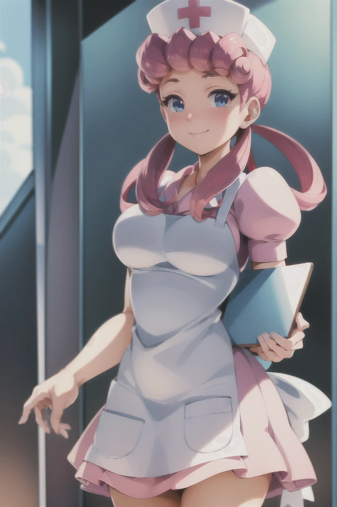 (masterpiece, best quality:1.2), nurse joy, pokemon, blue eyes, closed mouth, long hair, pink hair, short sleeves, nurse, blush, holding, puffy short sleeves, large breasts, puffy sleeves, nurse cap, 1girl, looking at viewer, smile, solo, hat, dress, apron, hair rings, clipboard