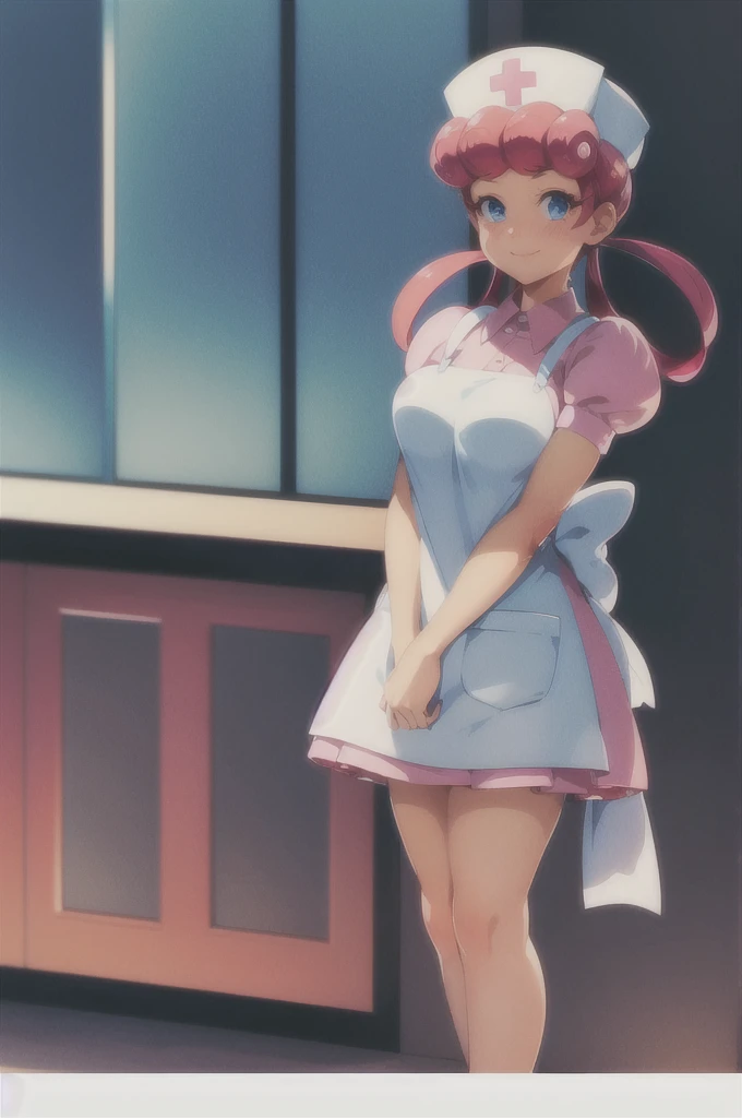 (masterpiece, best quality:1.2), nurse joy, pokemon, blue eyes, closed mouth, long hair, pink hair, short sleeves, nurse, blush, holding, puffy short sleeves, large breasts, puffy sleeves, nurse cap, 1girl, looking at viewer, smile, solo, hat, dress, apron, hair rings, clipboard