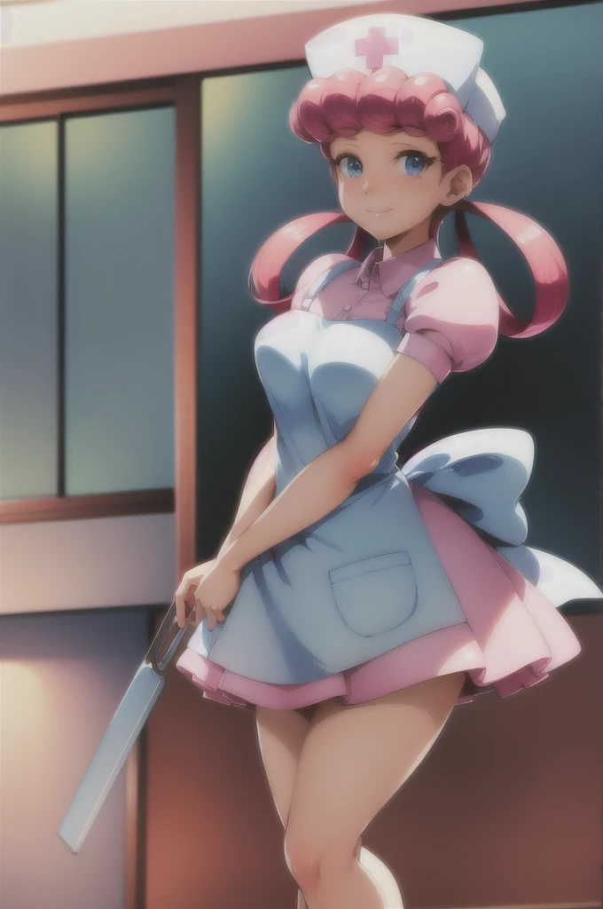 (masterpiece, best quality:1.2), nurse joy, pokemon, blue eyes, closed mouth, long hair, pink hair, short sleeves, nurse, blush, holding, puffy short sleeves, large breasts, puffy sleeves, nurse cap, 1girl, looking at viewer, smile, solo, hat, dress, apron, hair rings, clipboard