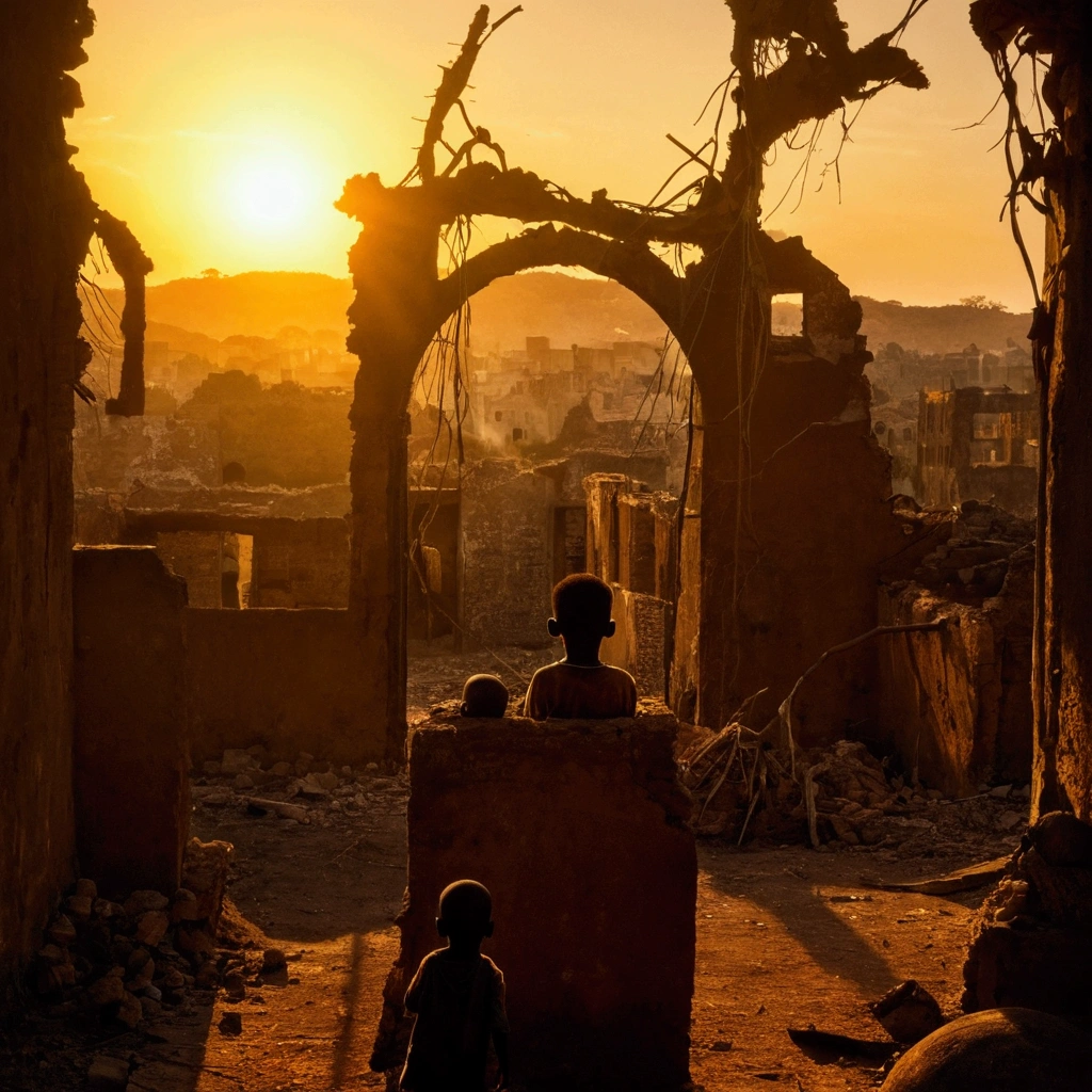 a ruin city where only a african 1 boy is left alive, silhuete, por do sol,