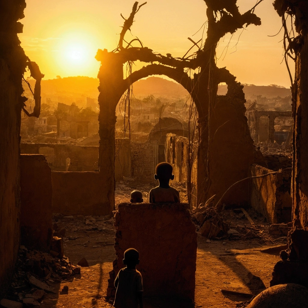 a ruin city where only a african 1 boy is left alive, silhuete, por do sol,