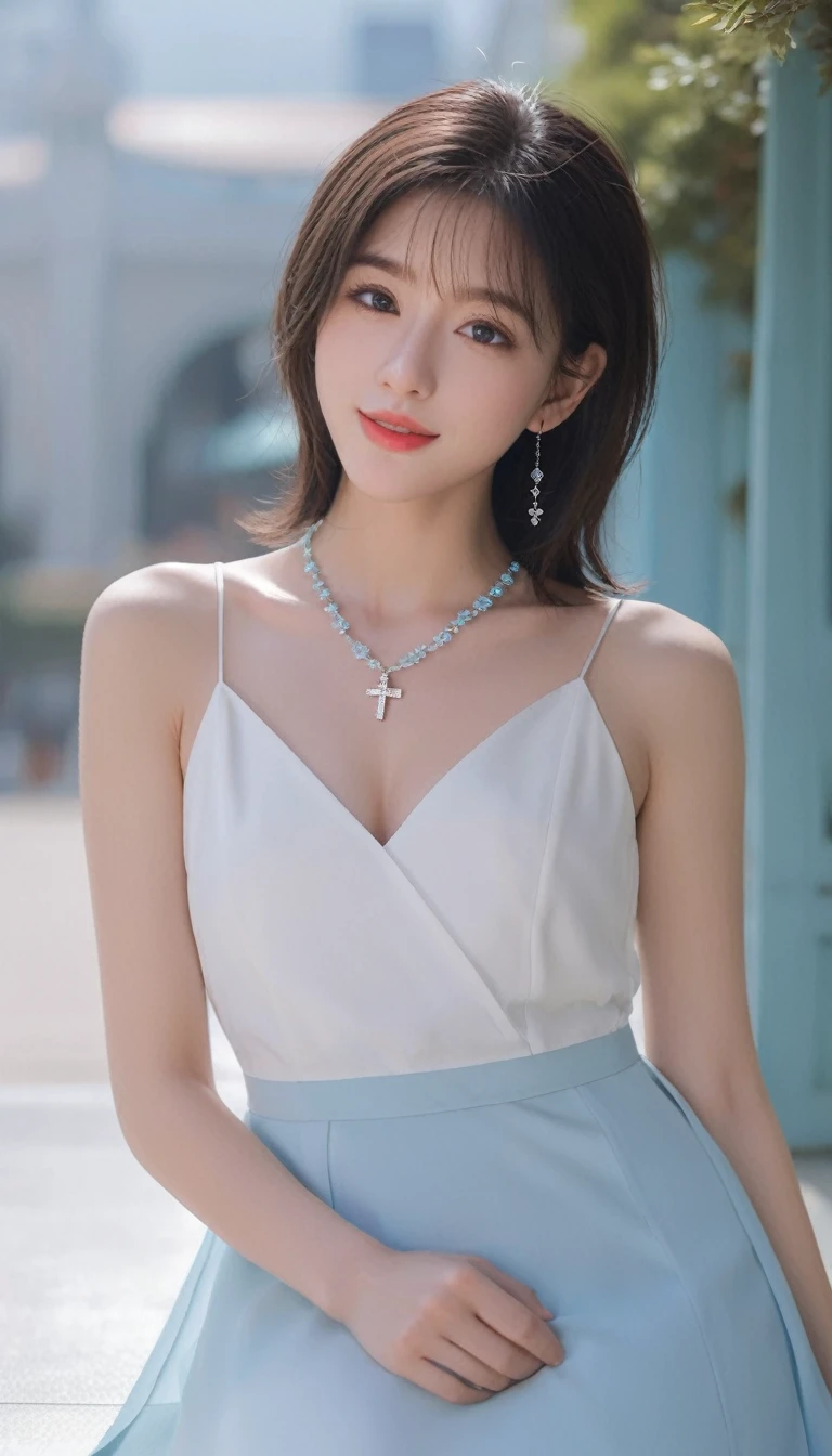 One Girl,beautiful girl,Photographed from waist to head, (Medium Shot), fine grain, Perfect functionality, (masterpiece), (Highest quality), (Good quality), Intricate details, (Tiffany Necklace for Women), Ray Tracing, (See-through), (Bokeh), (Written boundary depth), Perfect Skin, Happy, ((Medium Hair)), ((Long Bob Hair)), ((Black Hair)), (((Pale blue eyes:1.8))),(((White Dress))),