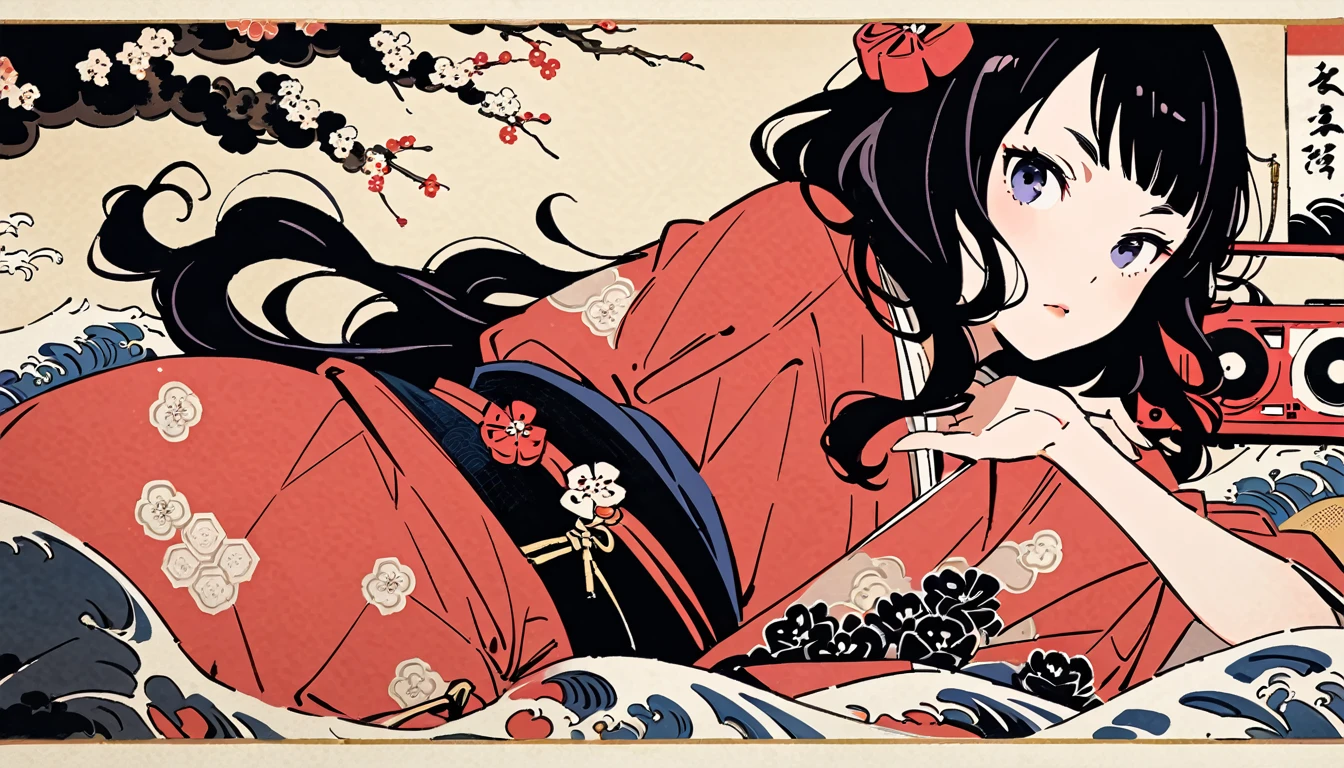Highest quality, Katsushika Hokusai, Ink Painting, (((Long Hair))), (((Pale red kimono))), (((Boombox))), Red Higanbana, beautiful girl, Black Hair, Delicate and precise, Modern ukiyo-e style,