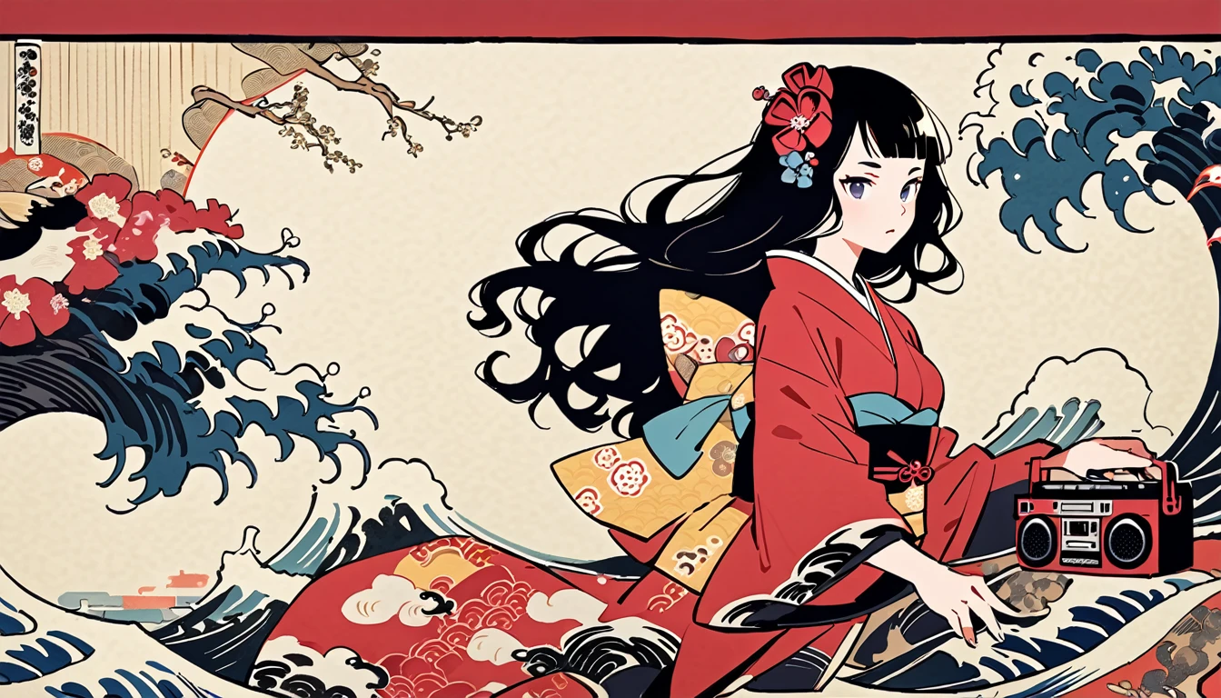 Highest quality, Katsushika Hokusai, Ink Painting, (((Long Hair))), (((Pale red kimono))), (((Boombox))), Red Higanbana, beautiful girl, Black Hair, Delicate and precise, Modern ukiyo-e style,