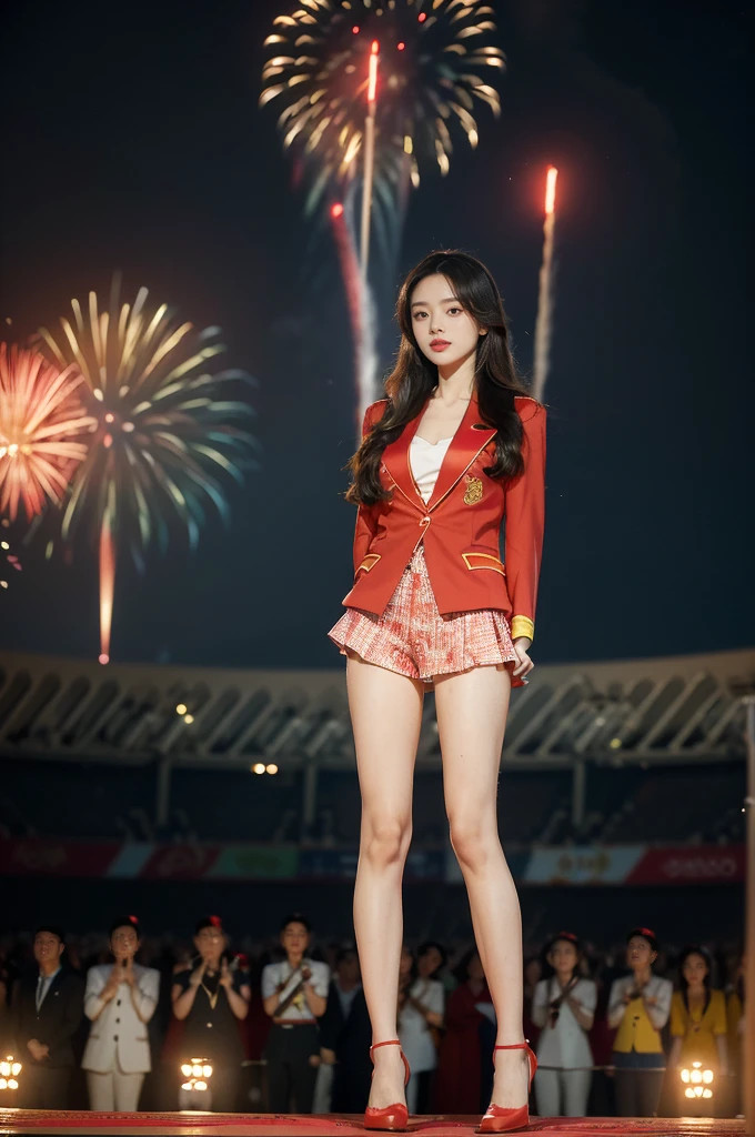 (((best quality))),(((ultra detailed))),(((masterpiece))),illustration, ((Olympic Opening Ceremony,in Paris,summer night,magnificent National stadium of France,Olympic flame, fireworks)),(crowded crowds of enthusiastic spectators:1.3),((a beautiful Chinese girl,solo)),((shoulder length straight hair:1.2)),((slim,thin)),((small breasts,flat chest)),(red blazer:1.5),(yellow dress:1.2),(slender legs:1.2),(loafers:1.2),excited expression, awe, celebrating, electric atmosphere, sense of pride, excitement, playing field, crowd energy, unity, camaraderie, representing China, historic event, memorable moment,((standing,arms behind back)),((from front,full body))