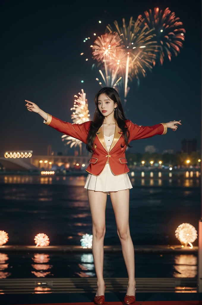 (((best quality))),(((ultra detailed))),(((masterpiece))),illustration, ((Olympic Opening Ceremony,in Paris,summer night,magnificent National stadium of France,Olympic flame, fireworks)),(crowded crowds of enthusiastic spectators:1.3),((a beautiful Chinese girl,solo)),((shoulder length straight hair:1.2)),((slim,thin)),((small breasts,flat chest)),(red blazer:1.5),(yellow dress:1.2),(slender legs:1.2),(loafers:1.2),excited expression, awe, celebrating, electric atmosphere, sense of pride, excitement, playing field, crowd energy, unity, camaraderie, representing China, historic event, memorable moment,((standing,arms behind back)),((from front,full body))
