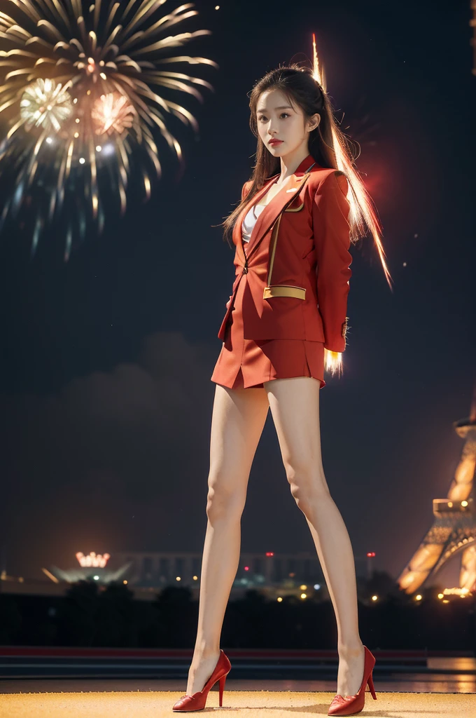 (((best quality))),(((ultra detailed))),(((masterpiece))),illustration, ((Olympic Opening Ceremony,in Paris,summer night,magnificent National stadium of France,Olympic flame, fireworks)),(crowded crowds of enthusiastic spectators:1.3),((a beautiful Chinese girl,solo)),((shoulder length straight hair:1.2)),((slim,thin)),((small breasts,flat chest)),(red blazer:1.5),(yellow dress:1.2),(slender legs:1.2),(loafers:1.2),excited expression, awe, celebrating, electric atmosphere, sense of pride, excitement, playing field, crowd energy, unity, camaraderie, representing China, historic event, memorable moment,((standing,arms behind back)),((from front,full body))