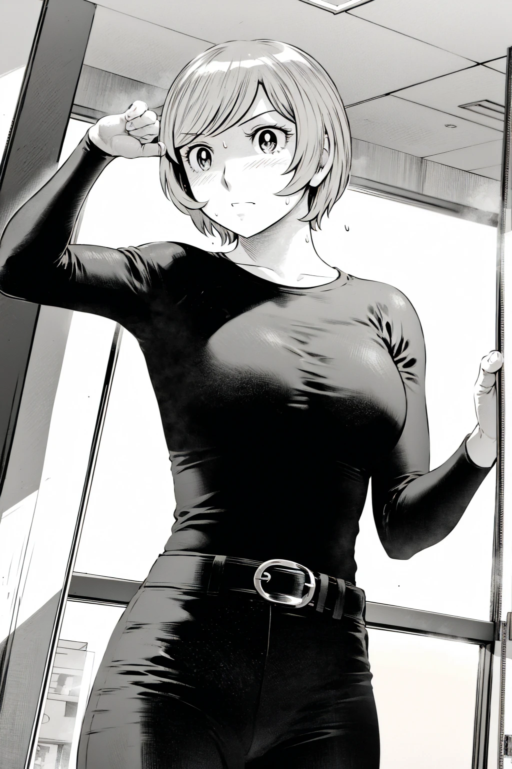 、(masterpiece、Highest quality)、Highest quality, Ultra-high resolution, (((masterpiece))), alone, Sweat、Big eyes,Tight black shirt、Tight white pants、belt、indoor、Composition from the front、（Cut the back hair short、short hair、blonde、woman）、Shortcuts、Embarrassed face、Cut your hair short、可愛いwomanの子、Big Breasts、office