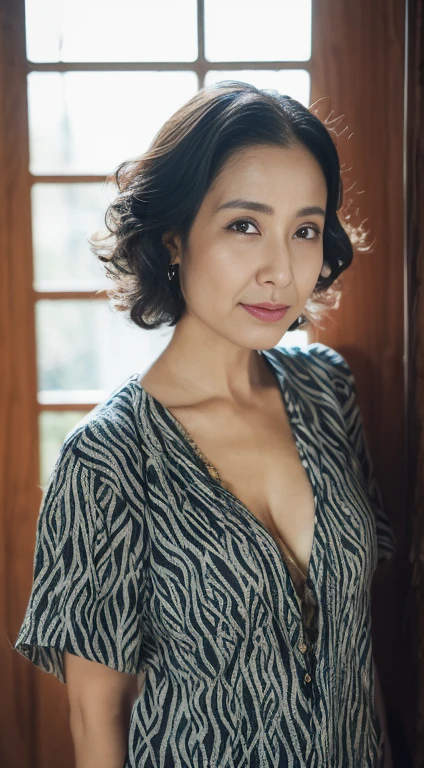 ((Best quality, 8K, Masterpiece, Portrait: 1.3)), (View viewers), Photorealism, Sharp focus, Solo, The Moro Islamic Liberation Front of Japan, Beauty, Clothes with Cleavage View, 28 years old, Curly hair, wrinkles around the eyes, high-necksweater ((standing on one leg)), Room,