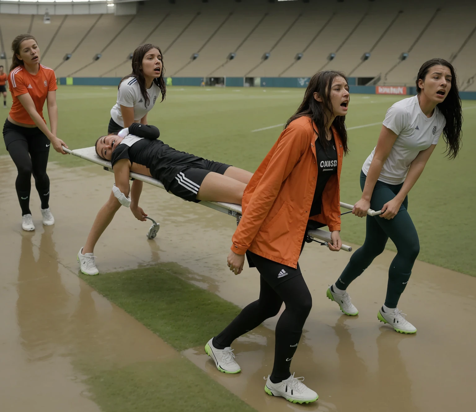 a soccer scene in a sports stadium, cool and wet weather conditions, humide ground, rainy sky, injury scene in a sports stadium, stretcher carry, there are four female medics carrying a stretcher, there are four female medics in very shiny coats who are carrying a stretcher in a sports stadium, there is a wounded male soccer player in a matte short cotton sports outfit lying on the stretcher, an injured male soccer player in matte cotton sportswear is lying in pain on a stretcher, a soccer player in matte cotton sports clothes is rearing up in intense pain while lying on a stretcher, dramatic scene, theatralic posing scene, dramatic pity scene, injury soccer, first aid, help, pity, there are four female medics in wetlook high-shine coats who are looking very sad and very terrified and very shocked, the injured soccer player is screaming out in pain while he is carried from the pitch on a stretcher