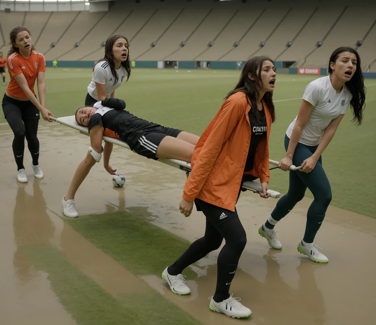 a soccer scene in a sports stadium, cool and wet weather conditions, humide ground, rainy sky, injury scene in a sports stadium, stretcher carry, there are four female medics carrying a stretcher, there are four female medics in very shiny coats who are carrying a stretcher in a sports stadium, there is a wounded male soccer player in a matte short cotton sports outfit lying on the stretcher, an injured male soccer player in matte cotton sportswear is lying in pain on a stretcher, a soccer player in matte cotton sports clothes is rearing up in intense pain while lying on a stretcher, dramatic scene, theatralic posing scene, dramatic pity scene, injury soccer, first aid, help, pity, there are four female medics in wetlook high-shine coats who are looking very sad and very terrified and very shocked, the injured soccer player is screaming out in pain while he is carried from the pitch on a stretcher