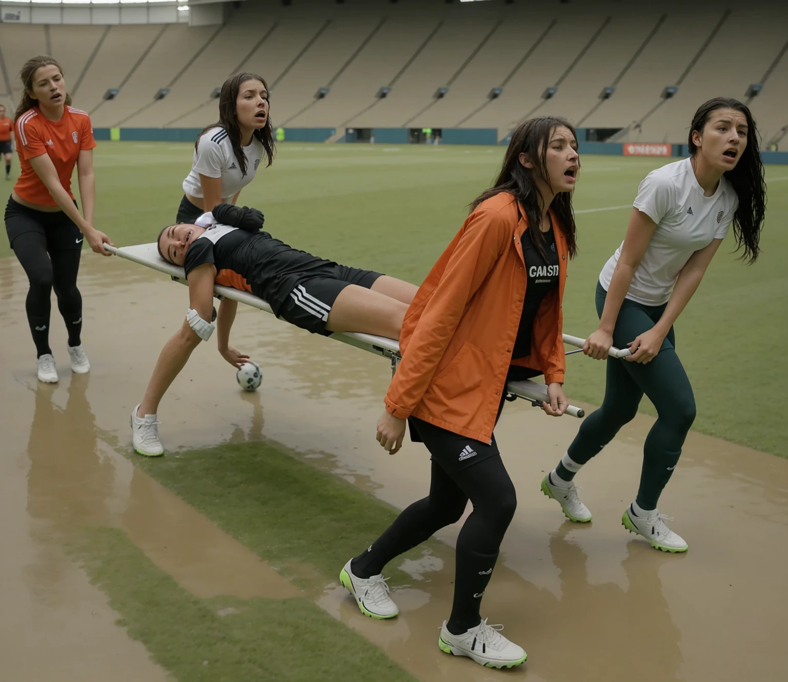 a soccer scene in a sports stadium, cool and wet weather conditions, humide ground, rainy sky, injury scene in a sports stadium, stretcher carry, there are four female medics carrying a stretcher, there are four female medics in very shiny coats who are carrying a stretcher in a sports stadium, there is a wounded male soccer player in a matte short cotton sports outfit lying on the stretcher, an injured male soccer player in matte cotton sportswear is lying in pain on a stretcher, a soccer player in matte cotton sports clothes is rearing up in intense pain while lying on a stretcher, dramatic scene, theatralic posing scene, dramatic pity scene, injury soccer, first aid, help, pity, there are four female medics in wetlook high-shine coats who are looking very sad and very terrified and very shocked, the injured soccer player is screaming out in pain while he is carried from the pitch on a stretcher