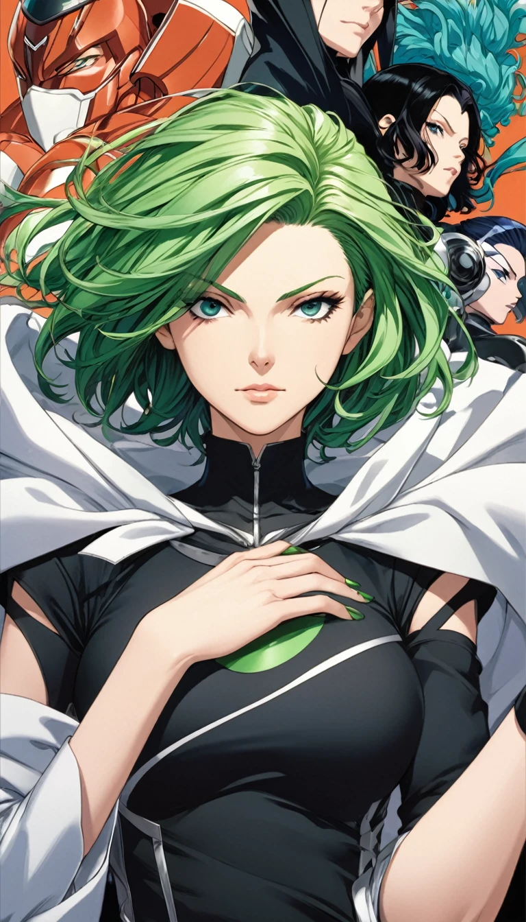 A close-up of a person wearing a black shirt and green hair, Tatsumaki from One Punch Man, Fubuki, Æon Flux style mix, by Kentaro Miura, the style a mix of Æon flux, Anime girl in a black dress, Art by Kentaro Miura, Portrait of a female anime heroine, Female anime character, Anime woman, fubuki, green hair, short hair