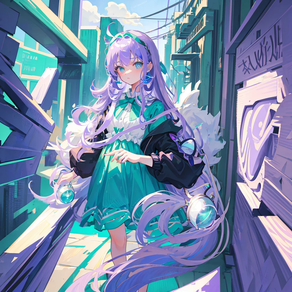 Teenage, girl, beautiful, (light purple hair), (emerald green eyes), wearing a blue dress, gem eyes