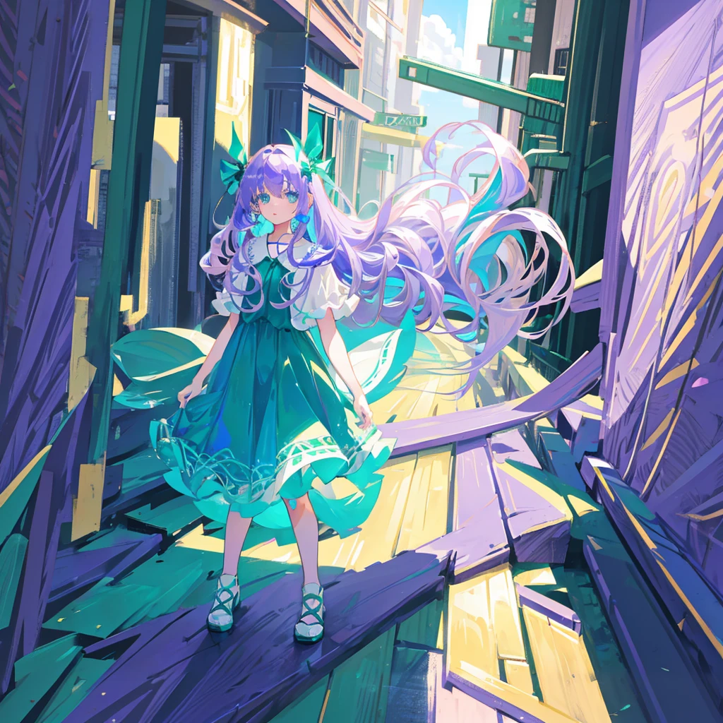 Teenage, girl, beautiful, (light purple hair), (emerald green eyes), wearing a blue dress, gem eyes