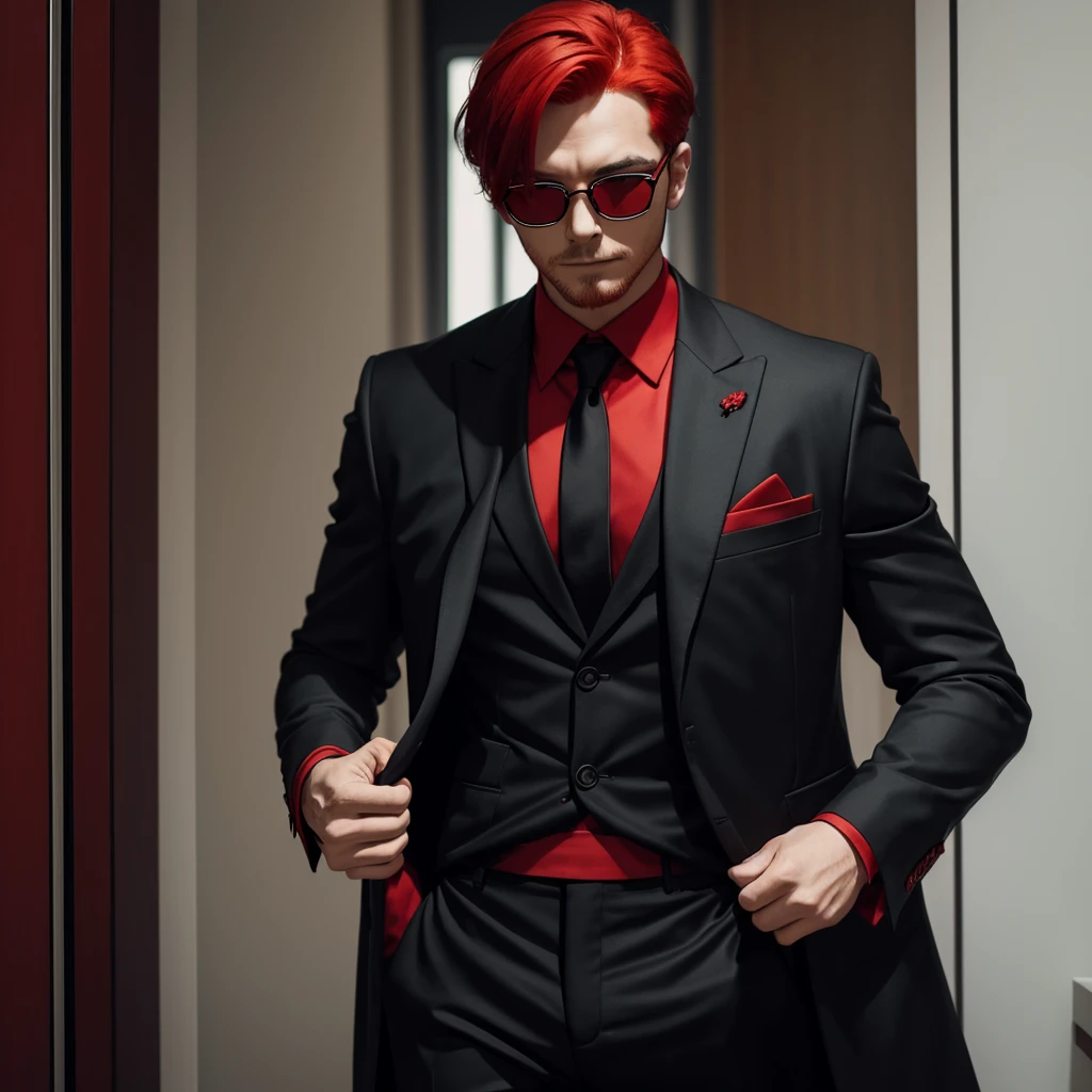 A man with red hair, wearing black framed glasses with dark lenses, a red suit, red pants. 