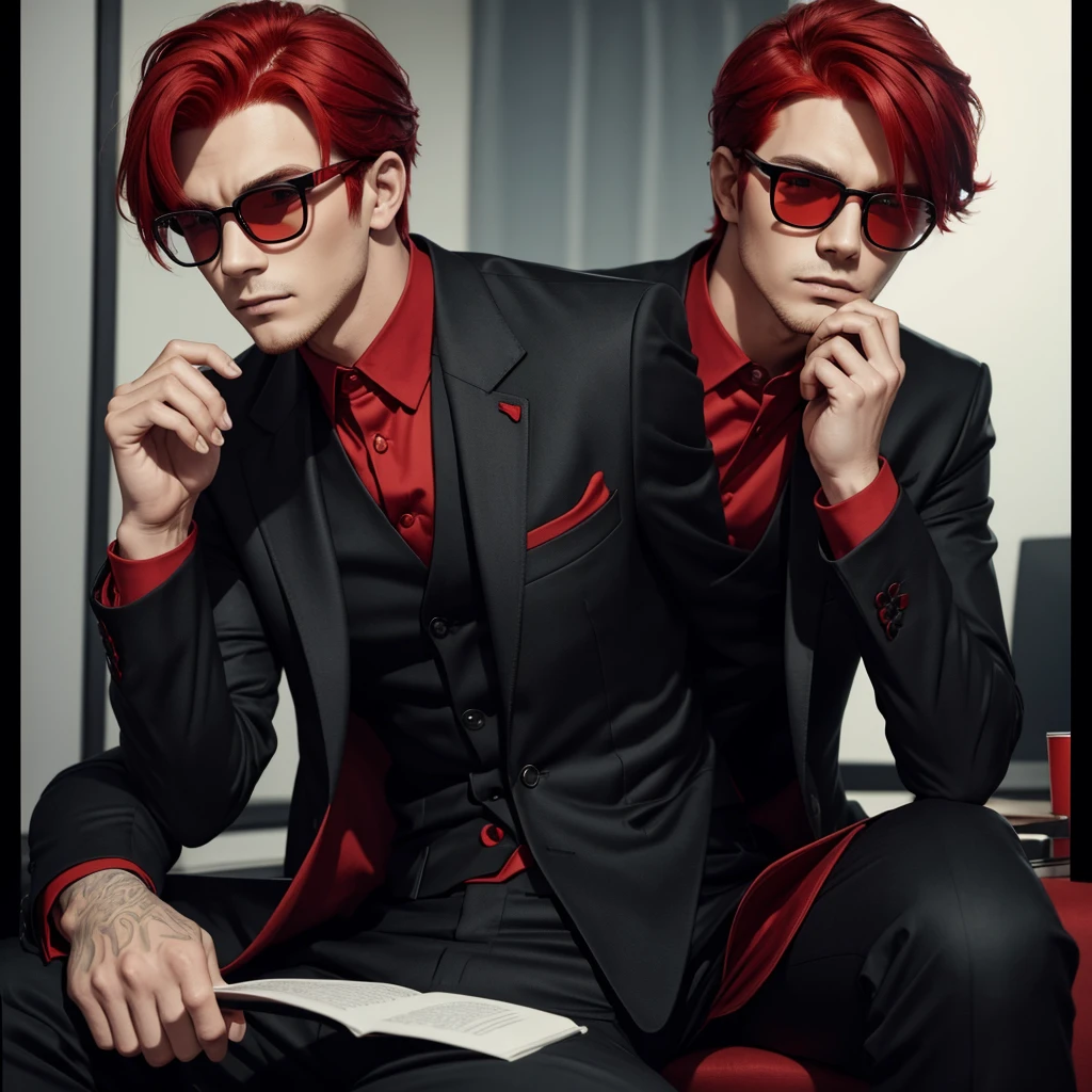 A man with red hair, wearing black framed glasses with dark lenses, a red suit, red pants.