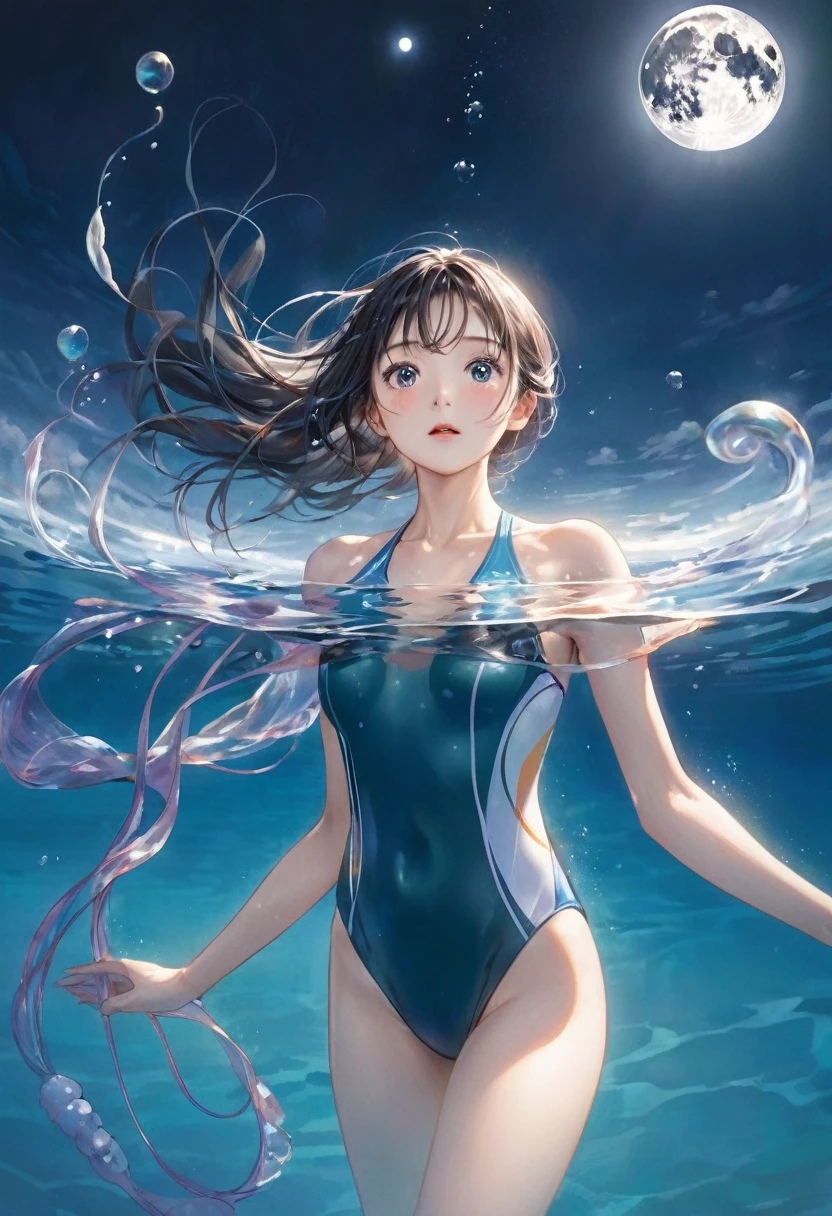 The body of a swimmer stretches diagonally、
The two hands are stretched out together、
The heart of a swimmer is as transparent as a jellyfish、
The eyes of the swimmers listen to the sound of the bells、
The soul of a swimmer sees the moon above the water。