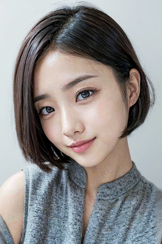 Realistic, masterpiece, highest quality, highest resolution, A bust-up photo of a Japanese woman, looking here, fearless smile, Beautiful and detailed eye drawing, droopy eyes, black eyes, thin eyebrows, Carefully draw eyelashes, natural makeup, (Hair color is ash gray, short hair, middle part:1.3), detailed face, rough look